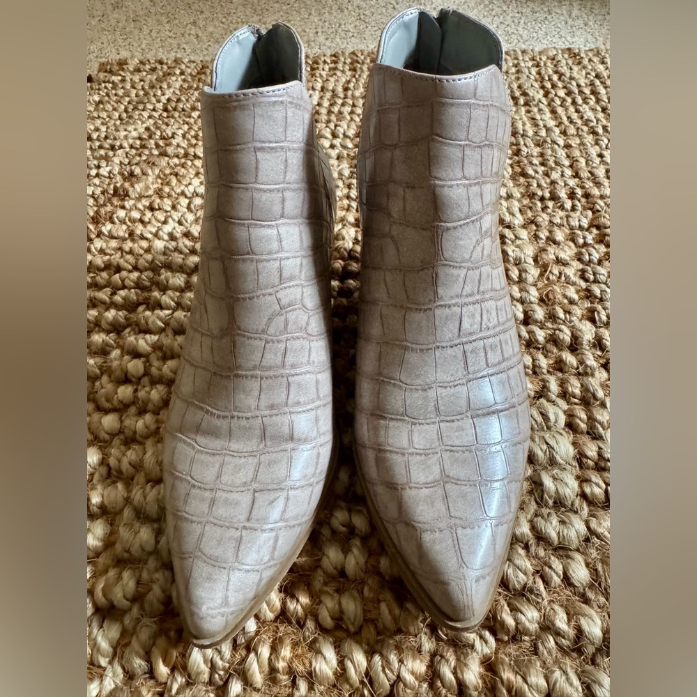 ShuShop Light Taupe Croc-Embossed Pointed Toe Ankle Booties
